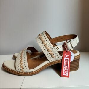 New Pikolinos Blanes White Tan Women Heeled Sandals Women's sz 41 (10.5-11)